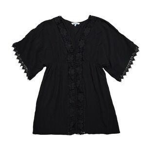 Beach Cover Up Dress Lace Trim Women's Large Black Tropical Blue Island